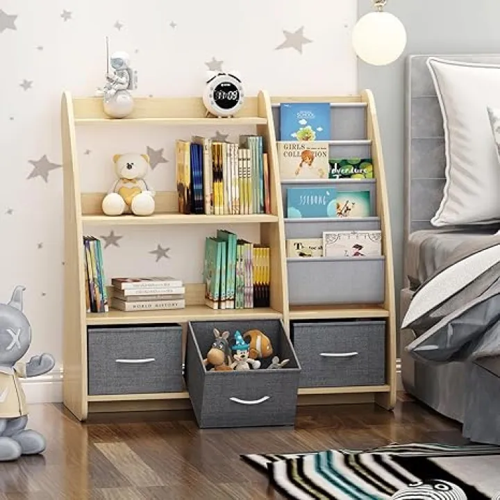 Kids Bookshelf Wood Toy Storage Organizer Cabinet Children Bookcase Toddler Baby Sling Book Rack 3 Cube Bins Sail Boat Arc Shape for Playroom Bedroom Nursery Classroom