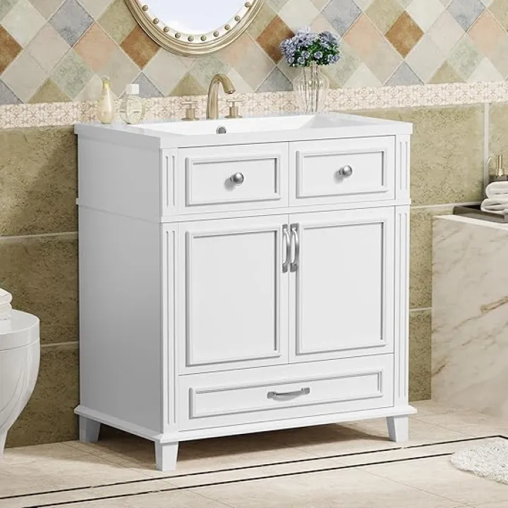 Merax 30 Inch Modern Single Sink Bathroom Vanity with 2 Doors & 2 Drawers, Quick Assembly, Solid Wood Construction, White Sink Top with 3 Holes