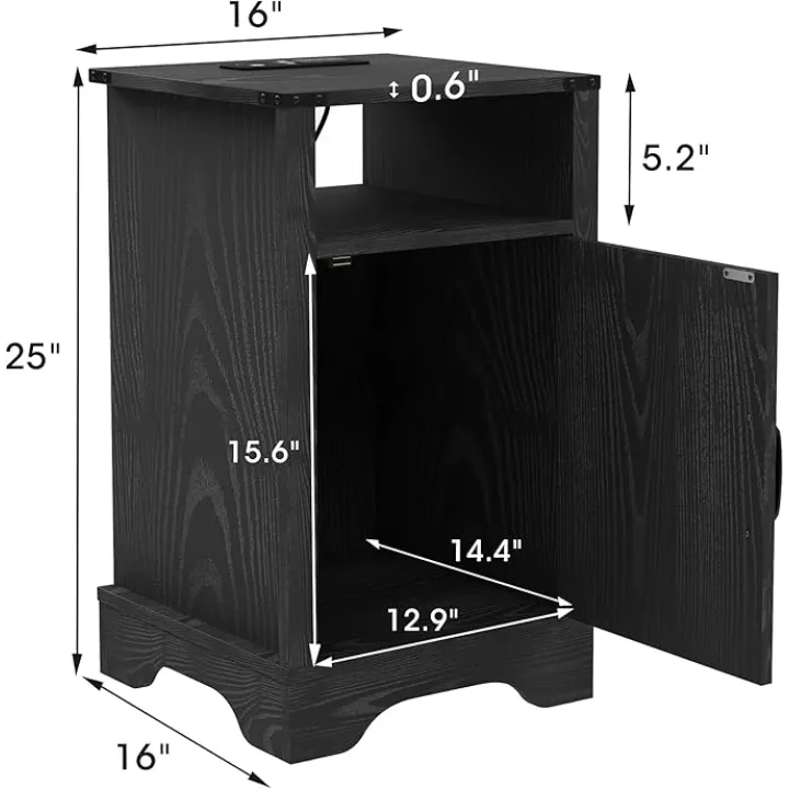 RoyalCraft Nightstand Set of 2, Black End Table with Charging Station, Wooden End Table, Rustic Night Stand with Storage Cabinet and Shelf, Tall Bedside Table for Bedroom, Home Office, Black