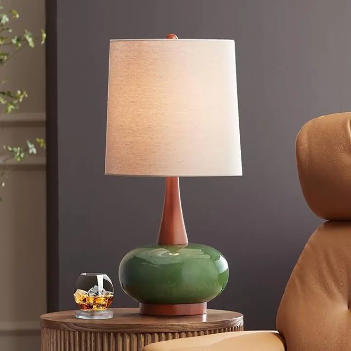 360 Lighting Andi 25" High Mid Century Modern Table Lamp Green Ceramic Wood Finish Single Fabric White Shade Living Room Bedroom Bedside Nightstand House Office Home Reading Kitchen Colors May Vary