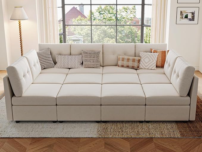 LINSY HOME Modular Sleeper Sofa - Rubik III Oversized Deep Seat Couches Bed with Storage Seats & Removable Cover, Modern Comfy 8 Seats Sofa with 4 Ottomans for Living Room Apartment Office, Beige