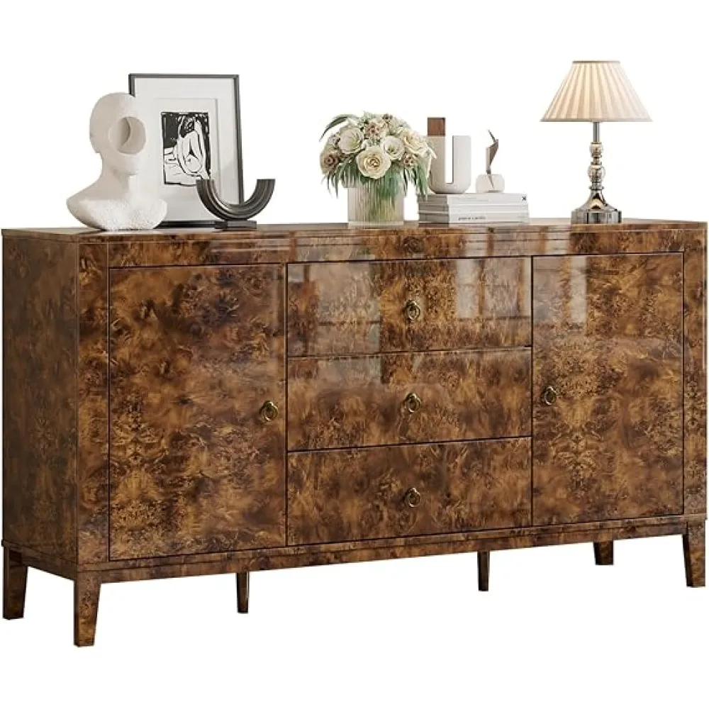 60'' Burl Wood Buffet Sideboard, High Gloss Storage Cabinet with 3 Drawers & 2 Closed Cabinets, Mid-Century Modern Buffet Table for Dining Room Living Room, Dark Brown Burl