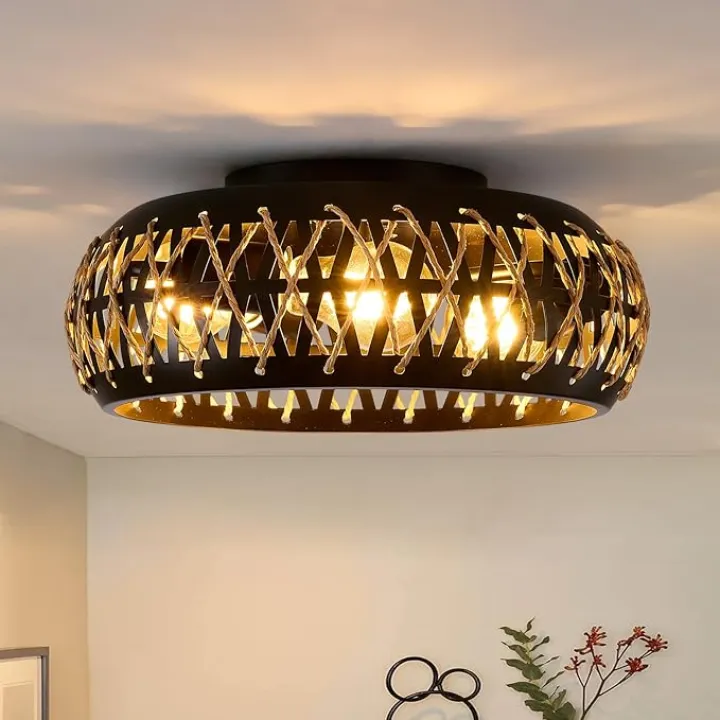 Rattan Flush Mount Ceiling Light, 3-Light Boho Light Fixtures Ceiling Mount, Farmhouse Wicker Flush Mount Light Fixture, Rustic Hand-Woven Rattan Chandelier for Bedroom Entryway Kitchen