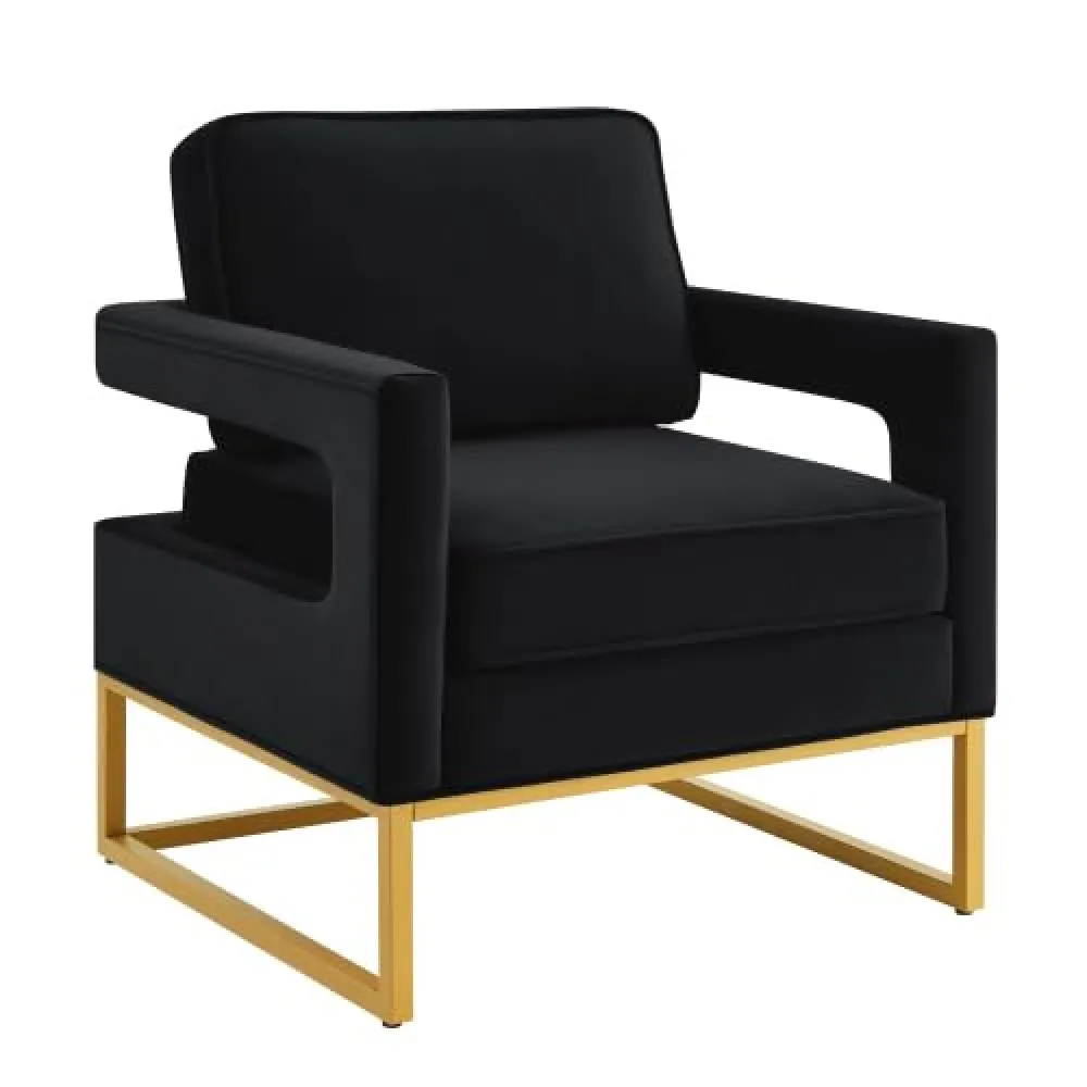 FlamingoCasa Accent Chair Upholstered for Bedroom: Velvet Living Room Chairs with Gold Metal Base and Open Armrest,Black