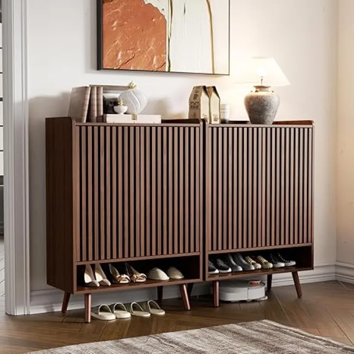 Set of 2 Large Shoe Cabinet with Doors, 6-Tier Entryway Shoe Storage Cabinet with Adjustable Shelves, Freestanding Shoes Rack Organizer for Hallway, Closet, Bedroom, Living Room, Walnut