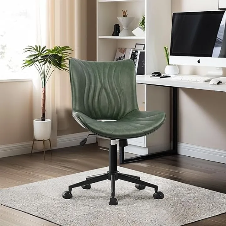 Office Chair, Armless Desk Chair with Wheels, Ergonomic Comfy Home Office Computer Task Chairs,Faux Leather Padded Cute Vanity Chair, Adjustable Height Swivel Chair with Back, Green