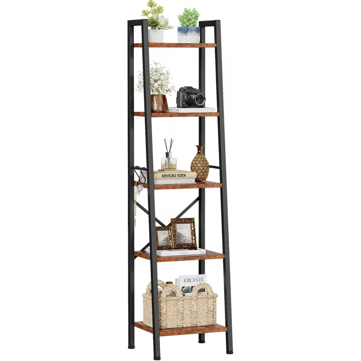 Furologee 5 Tier Ladder Shelf Bookcase, Tall Narrow Bookshelf with 2 Hooks, Rustic Brown Bathroom Corner Book Shelf, Metal Wood Book Case Standing Unit, Display Shelf for Living Room Office Kitchen
