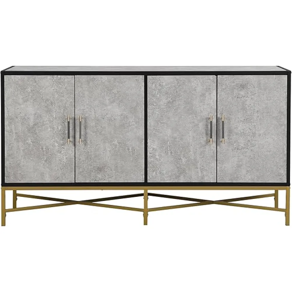 Sideboard Buffet Cabinet, Wooden Storage Cabinet with 4 Doors, Kitchen Sideboard with Metal Handle and Cross Legs for Dining Room, Living Room, Entryway, Antique Grey