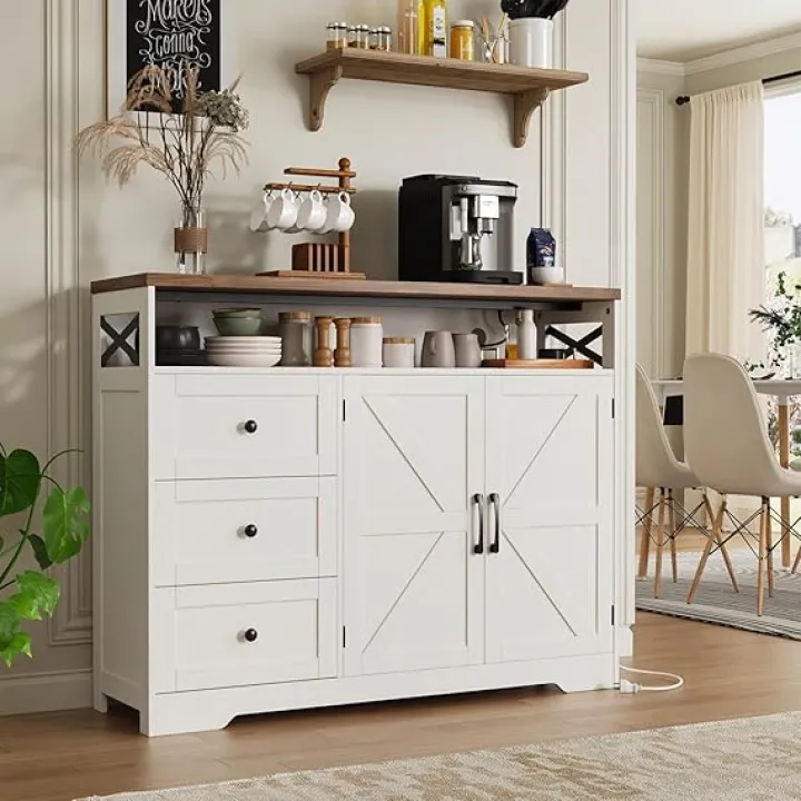 51" Farmhouse Buffet Sideboard Cabinet with Storage, White Kitchen Storage Pantry Cabinet with Drawers, Wood Cupboard Hutch, Coffee Bar Station Table for Kitchen, Living Room, Dining Room