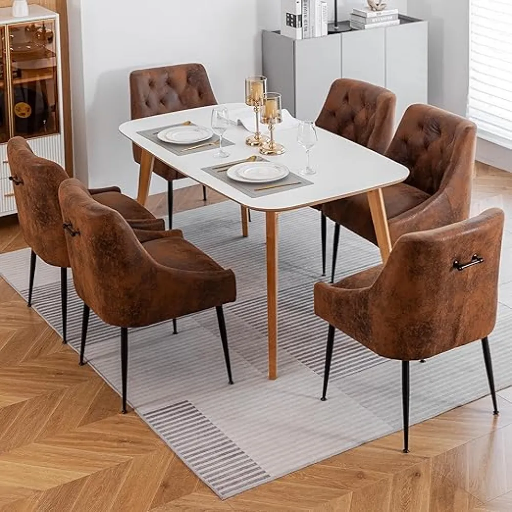Modern Dining Chairs Set of 6, Mid Century Kitchen Chairs with 5.12” Cushions and Metal Legs, Upholstered Dining Chairs with Back Pull Rod for Kitchen, Living Room (Deep Brown)