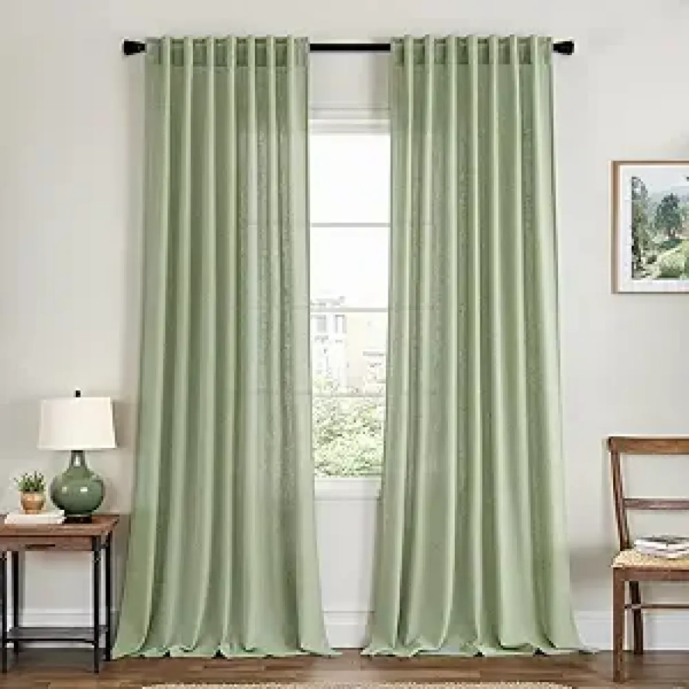 EMEMA Linen Curtains 84 Inch Length for Living Room 2 Panel Set Light Filtering Semi Sheer Back Tab Curtain Drapes for Bedroom Neutral Farmhouse Decor 84 Inches Long Sage Green Colored