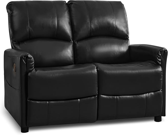 IPKIG Black 2 Seater Modern Loveseat Recliner Sofa - Manual Reclining Loveseat with Side Pocket, Faux Leather Double Recliner Love Seat for Living Room & RV (Black, 2 Seater)