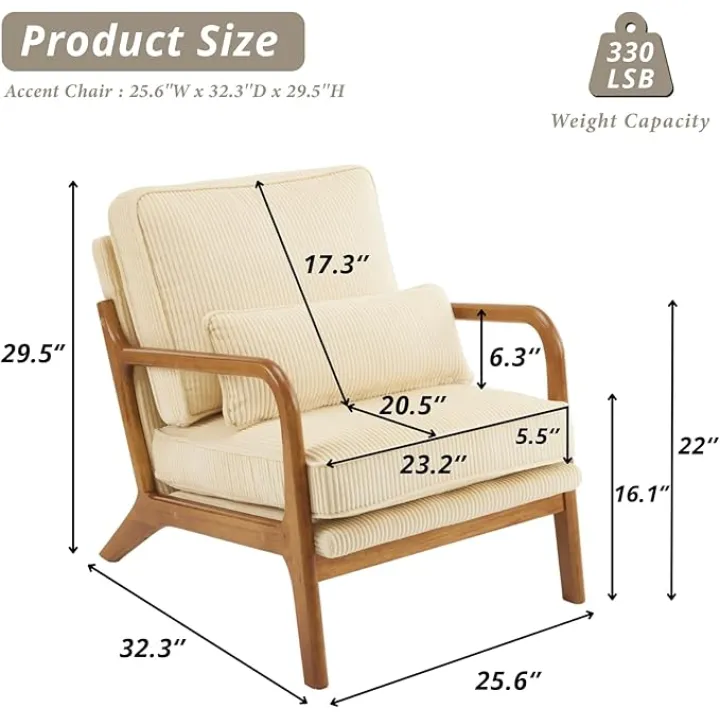 Karl home Mid-Century Modern Accent Chair, Living Room Chairs with Pillow Corduroy Upholstered Lounge Armchair with Solid Wood Frame & Soft Cushion for Bedroom, Reading Room, Beige & Yellow