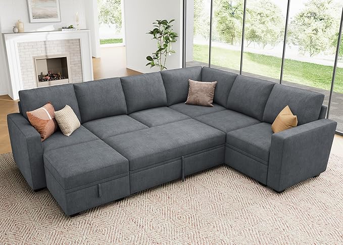 HONBAY Modular Sectional Couch with Pull Out Bed, Chenille Sleeper Sofa with Storage Seats Ottoman, U Shaped Sectional Couches for Living Room, Bluish Grey