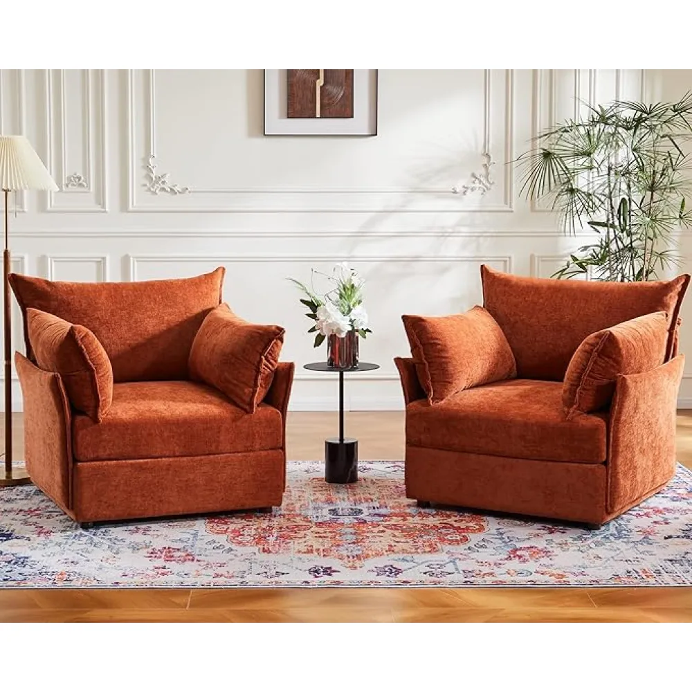 Oversized Accent Chair, Upholstered Modern Sofa Chair with Removable Backrest & Detachable Cover, 24.5" Deep Seat Large Reading Armchair for Living Room Bedroom - Chenille Terracotta Set of 2