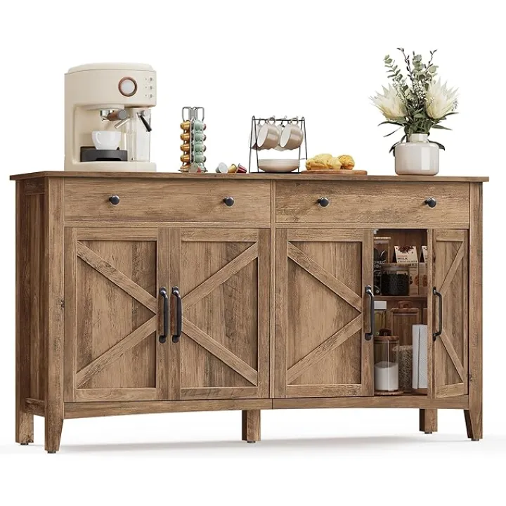 VASAGLE LIRY Collection - Buffet Cabinet, Coffee Bar Cabinet with 2 Drawers, Adjustable Shelves, Sideboard Storage with Cable Holes, Drawer Dividers, Honey Brown UBBK381K01