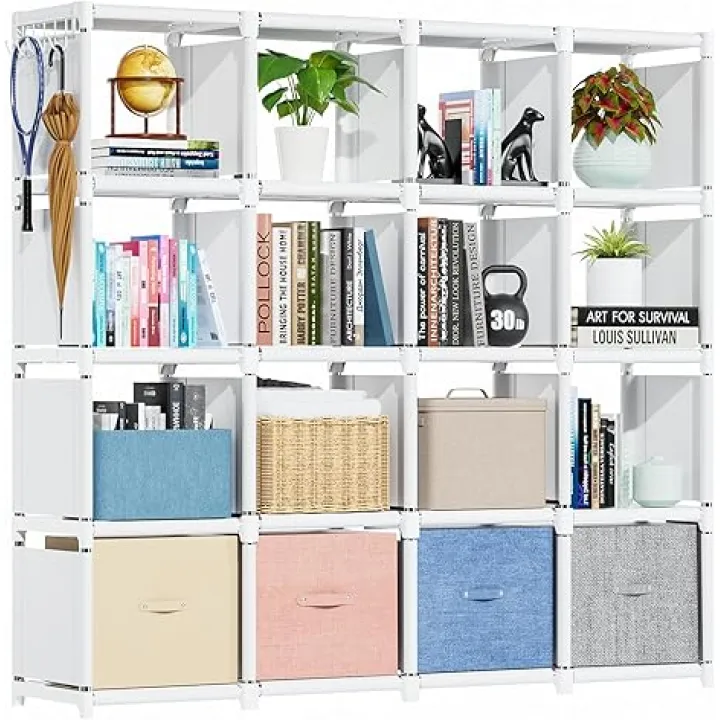 Mavivegue Book Shelf, 16 Cube Storage Organizer, Metal Cube Bookshelf, DIY Bookcase, Tall Book case for Bedroom, Living Room, Office -White