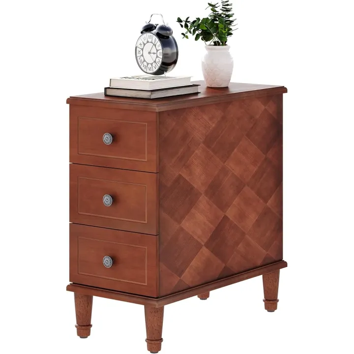 LITTLE TREE Fully Assembled End Table, Set of 2 Narrow Side Table with 3 Drawers, Pre-Assembled Nightstand Slim Bedside Table for Small Spaces, Living Room, Bedroom, Brown