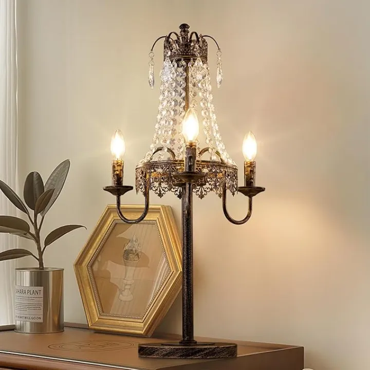 TOCHIC Crystal Table Lamp for Living Room, 3 Lights Bedside Table Lamp for Bedroom, 30" Tall Antique Bronze Dimmable Control Night Stand Lamp, Desk Lamp for Home Office, Foyer, Entryway, Kids Room