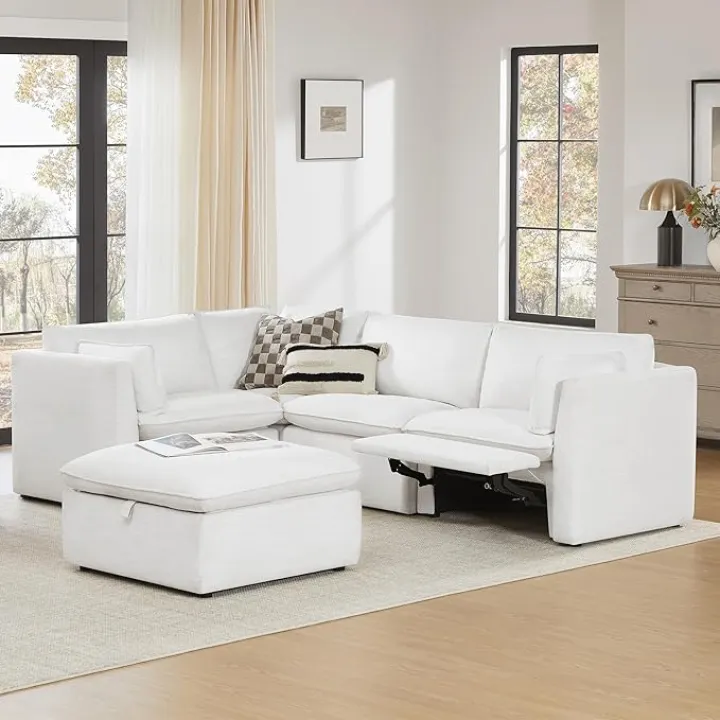 CHITA Power Sectional Down Filled L Shape Sofa, Comfty Feather L Shape Cloud Couch,FSC Certified L Shaped Couch for Living Room, 107 inch Width,5 Seat with Storage Ottoman, Cream