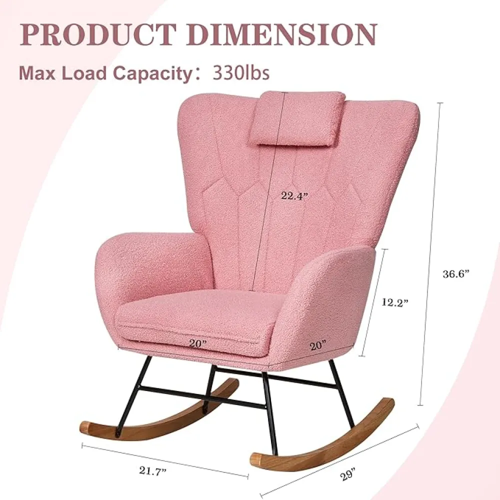VECELO Rocking Chair Nursery with Thick Headrest, Modern Teddy Upholstered Reading Glider Rocker Accent Armchair with High Backrest, Padded Seat, Side Pocket, for LivingRoom, Bedroom, Baby Room, Pink