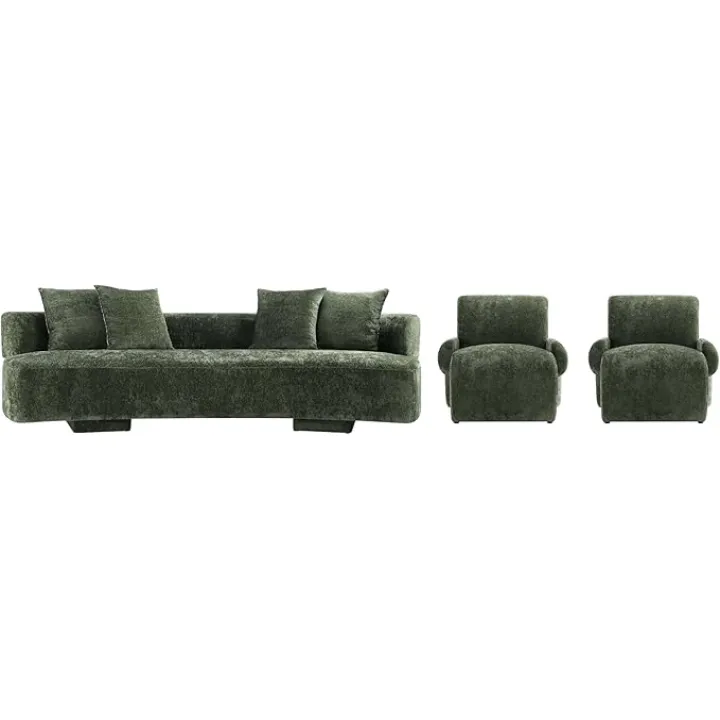 Manhattan Comfort Verandah 3-Piece Living Room Set, 112" Modern Sofa and 2 Accent Chairs, Upholstered in Chenille Fabric, Throw Pillows Included, Fully Assembled Couches, Olive Green