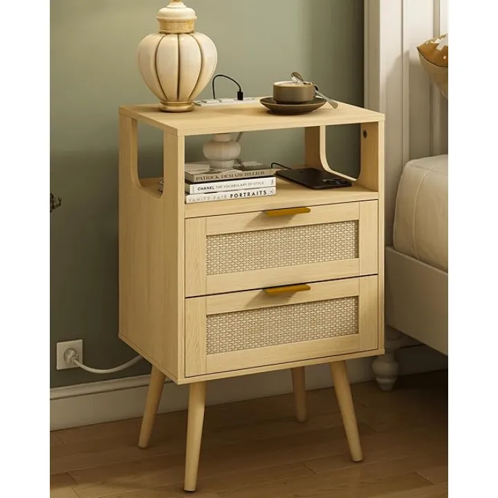 Rattan Nightstand with Charging Station,Modern Bedside Table with 2 Storage Drawer and Open Wood Shelf, for Bedroom and Small Spaces,Night Stand with Solid Wood Legs (Yellow Oak)