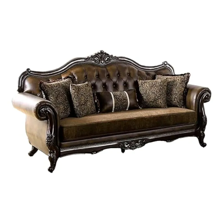 Benjara Sena 90 Inch Sofa, Faux Leather, Rolled Arms, Solid Wood, Cherry, Brown and Brown