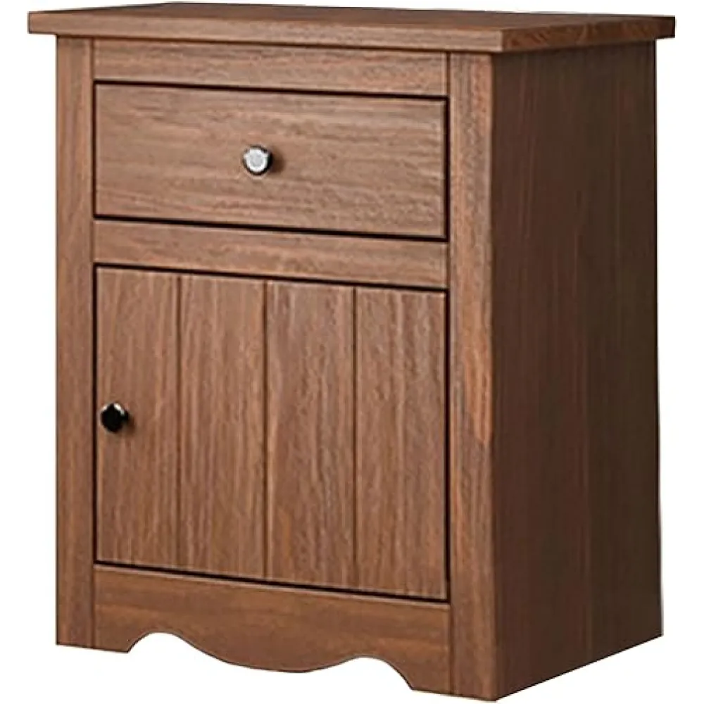 Benjara Stav Nightstand, 1 Drawer and Door, 25 Inch, Plank Style, Solid Wood, Mahogany Brown and Black