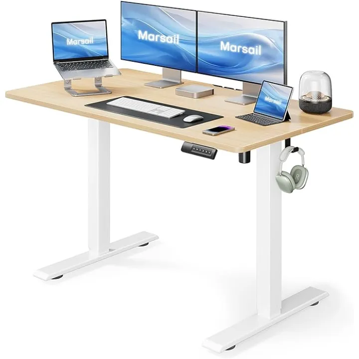Marsail Standing Desk Adjustable Height Stand up Home Office Desk, 48x24 Inch Electric Standing Computer Desk, with 4 Memory Presets, Headphone Hook, Cable Organizer, Maple