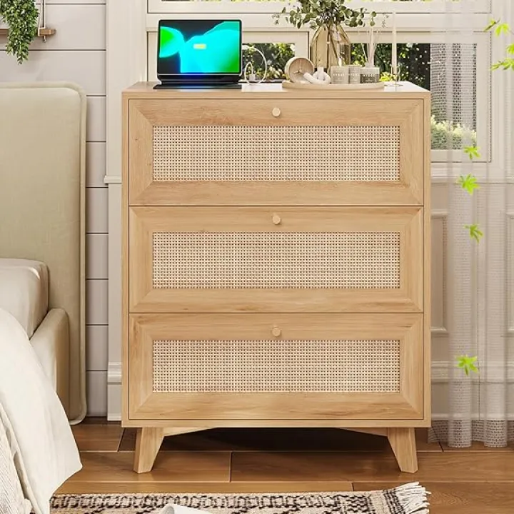 AOGLLATI Rattan Nightstand with Charging Station, Night Stand with 3 Drawers and 2 USB Ports and 2 AC Outlets, Rattan Bedside Table with Metal Handle, Wood End Table for Bedroom