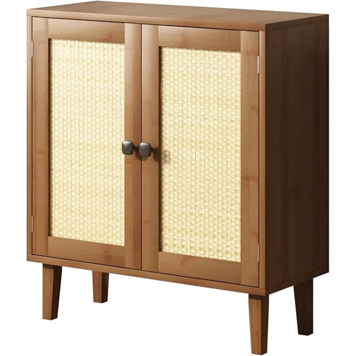 Bamboo Sideboard Buffet Cabinet with Rattan 2 Doors Kitchen Cupboard Accent Entryway Living Room Cabinet Chestnut Brown