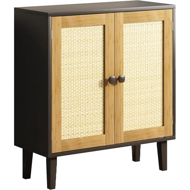 Bamboo Sideboard Buffet Cabinet with Rattan 2 Doors Kitchen Cupboard Accent Entryway Living Room Cabinet Black