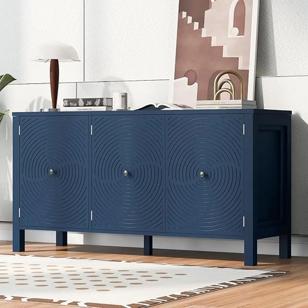 Merax Rustic Buffet Sideboard, Wood Storage Cabinet with 3 Patterned Doors for Living Room Kitchen Dining Room Navy Blue