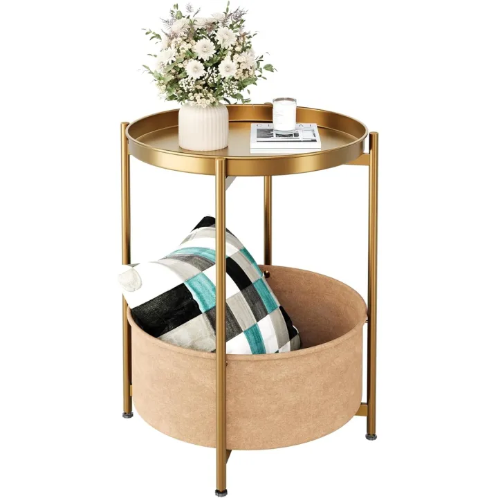 Gold Side Table, Champagne Gold End Table, Small Gold Side Table, Round Kids Nightstand with Basket, Accent Table for Living Room, Bedroom, Nursery