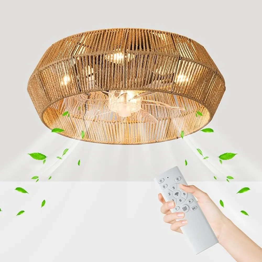 Caged Ceiling Fan with Lights, 18" Boho Ceiling Fans with Lights, Handmade Woven Cage Ceiling Fan, Enclosed Timing 6 Speeds Reversible, for Bedroom Living Room Farmhouse Indoor