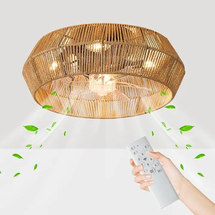 Caged Ceiling Fan with Lights, 18" Boho Ceiling Fans with Lights, Handmade Woven Cage Ceiling Fan, Enclosed Timing 6 Speeds Reversible, for Bedroom Living Room Farmhouse Indoor