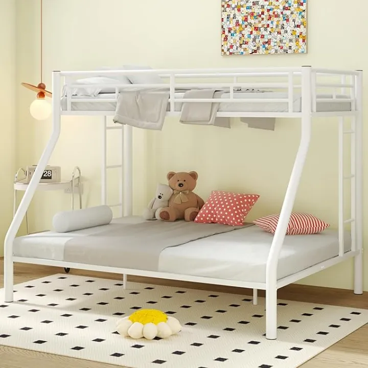 Twin XL Over Queen Bunk Beds with Ladder and Full Length Guardrail, Heavy Duty Bunk Beds/Twin XL Over Queen Bunk Bed for Kids, Twin XL Over Queen Bunk Bed White