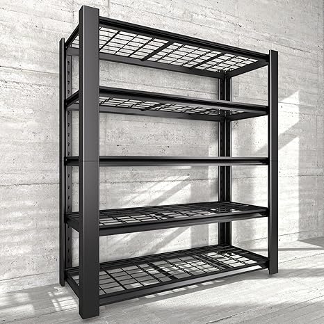 Heavy Duty Garage Shelving Unit with Wire Grid Shelves, 76.6" H x 60" W x 24" D, 5-Tier Adjustable Metal Shelving, Industrial Garage Storage Shelf for Heavy Duty Shelving, Storage Room, Basement-1Pack