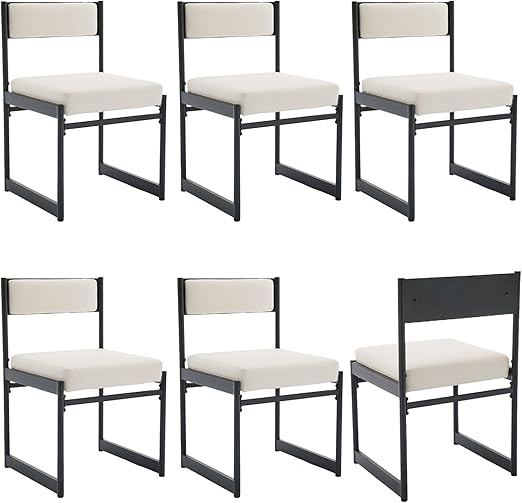 White Leather Dining Chairs Set of 6 Modern Upholstered Dining Room Chairs with Metal Legs Armless Ktichen Chairs Rectangle Industrial Style