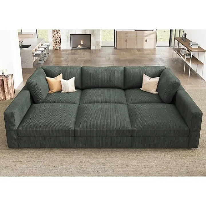 HONBAY Modular Sectional Sofa with Storage Corduroy Sectional Sleeper Sofa Modular Sectional Couches for Living Room,Green