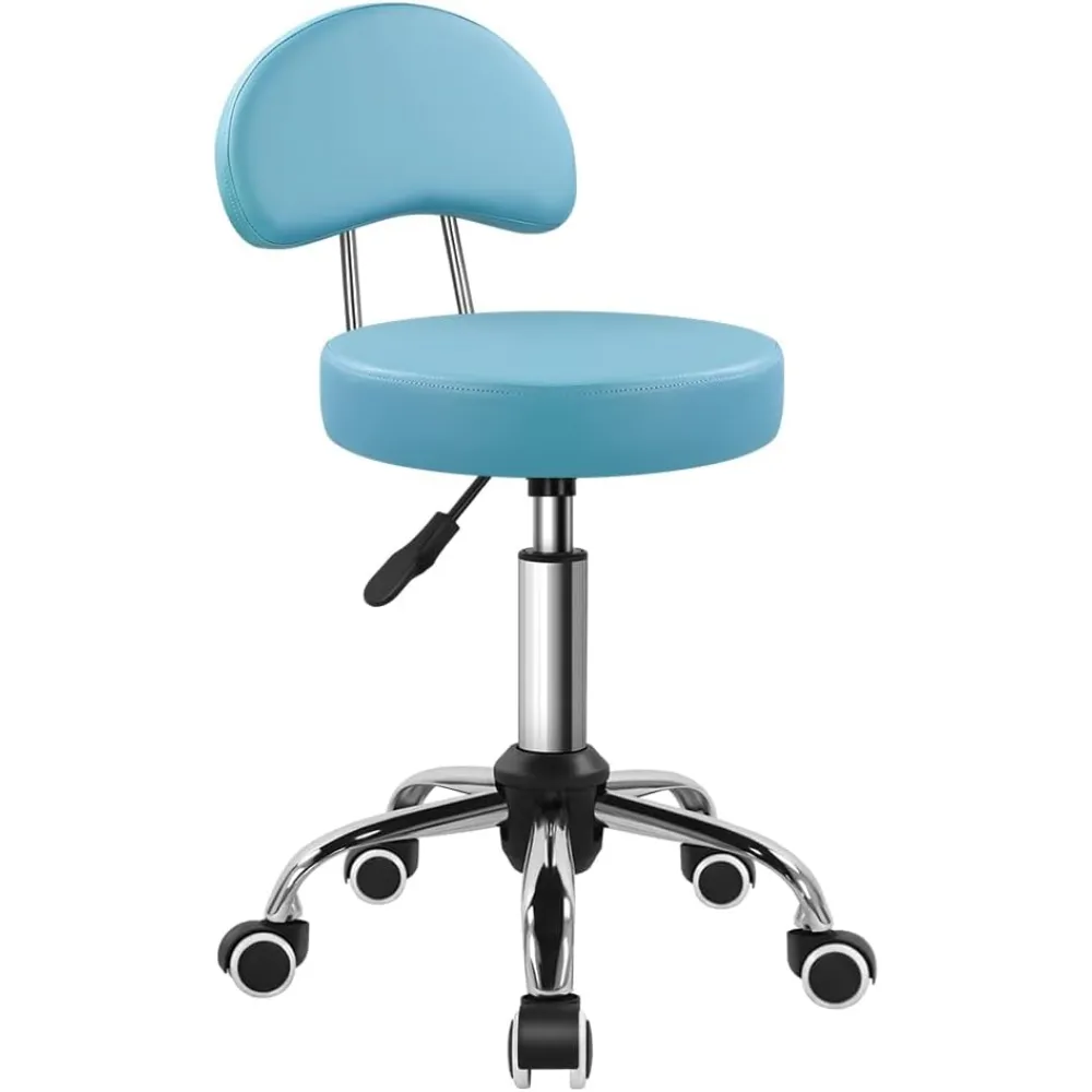KKTONER Rolling Stool with Mid Back Height Adjustable Chair PU Leather Swivel Chair with Wheels for Office Home Task Drafting Sky Blue