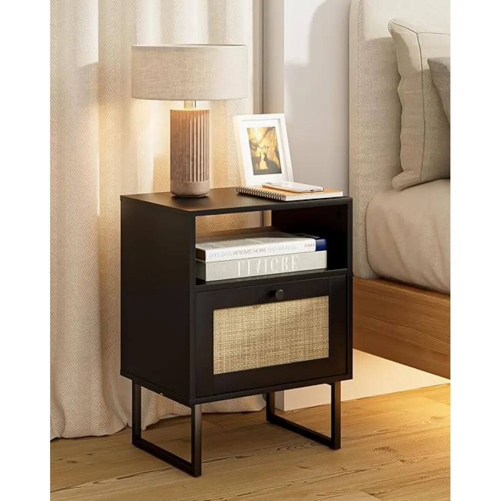 Rattan Nightstand, Boho Night Stand Wood Farmhouse Bedside Table with Storage, End Side Accent Table for Bedroom,Living Room,Black