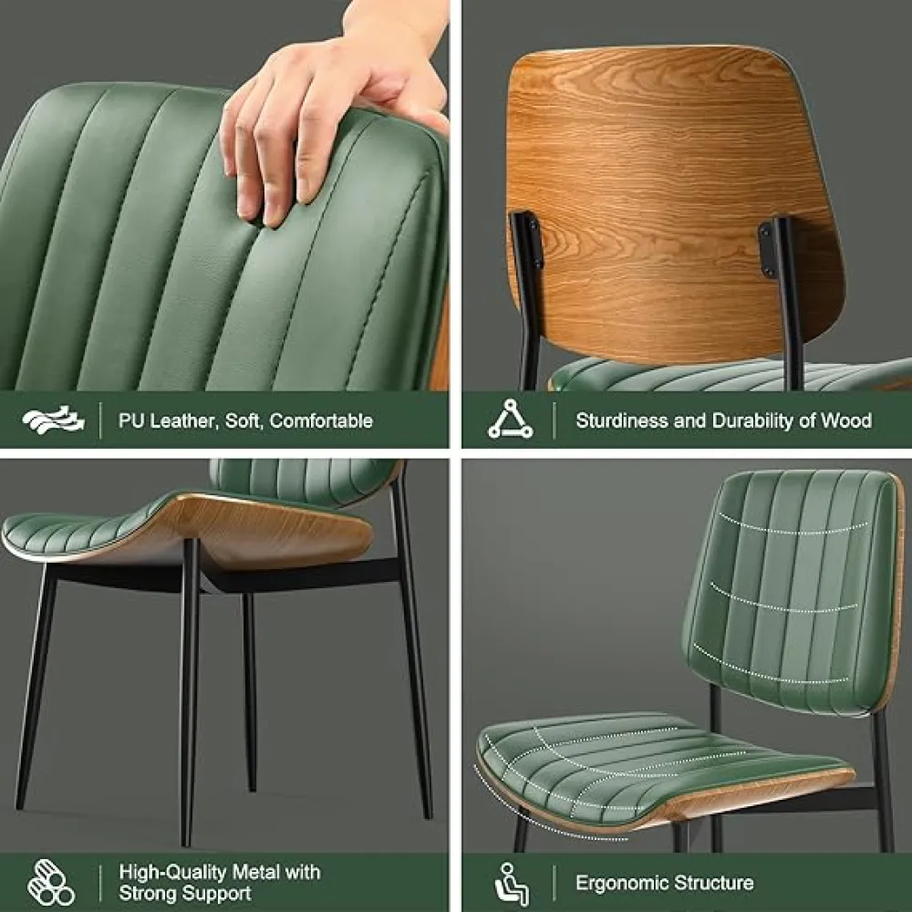 Green Leather Dining Chairs Set of 4, Mid Century Modern Chairs with Stitching and Metal Legs, Leather Dining Room Chairs Bentwood Upholstered Kitchen & Dining Room, Green