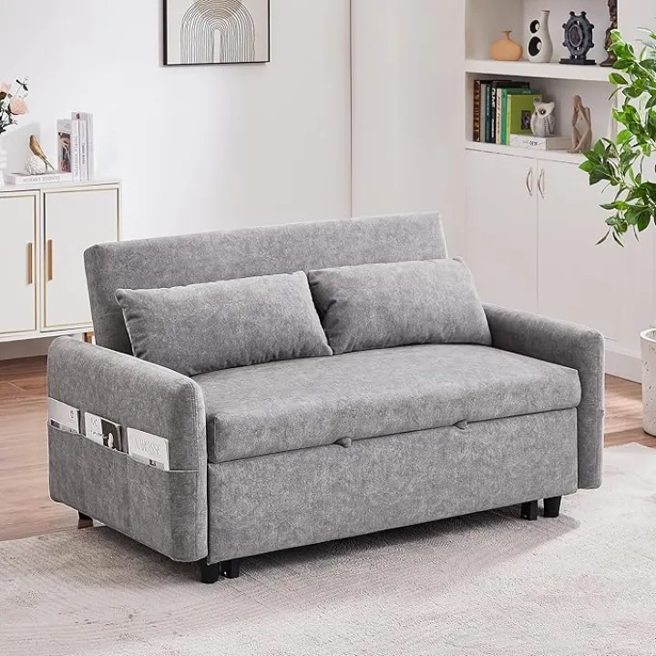 55" Sleeper Sofa Bed, 3-in-1 Sleeper Couch with Pull-Out Bed, Convetible Futon Couch with USB & Type-C Ports, Adjustable Backrest and Side Pocket, Loveseat Sofa for Living Room Apartment, Grey