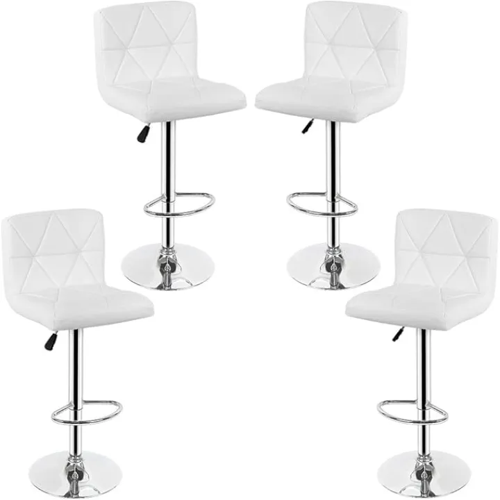 Set of 4 Faux Leather Kitchen Bar Stools with Backrest and Foot Rest, 360 Degree Rotatable (4 White)