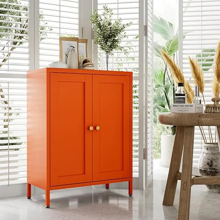 Metal Storage Sideboard with 2 Doors and 2 Adjustable Shelves, Orange Small Cabinet 12" Shallow Side Metal Storage Locker for Bathroom, Living Room, Hallway, Entryway