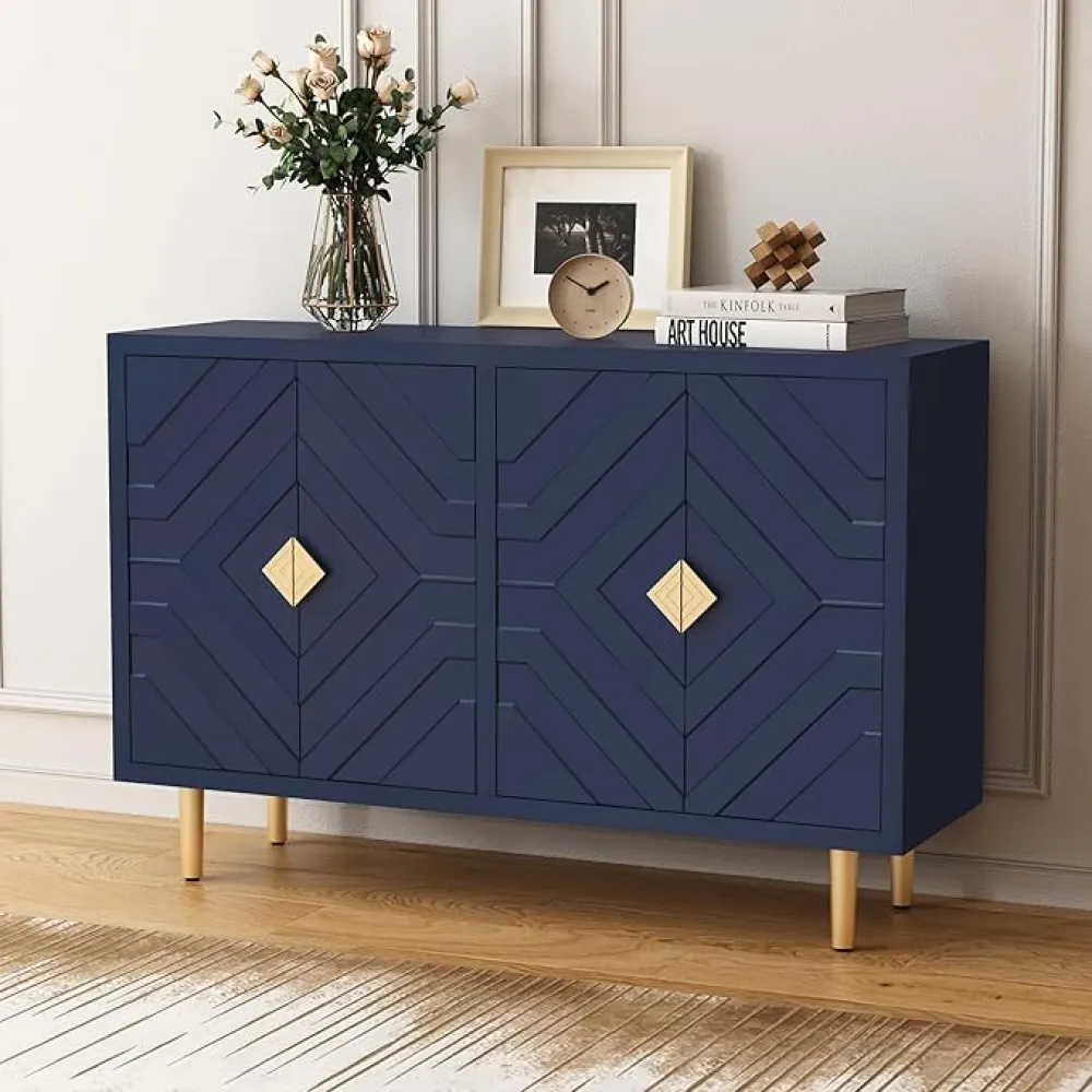 HLR 48" Accent Cabinet with 4 Doors and Shelves, Modern Sideboard Buffet Cabinet with Decorative Embossed Pattern Doors, Credenza Storage Cabinet for Living Room, Kitchen, Dining Room, Hallway