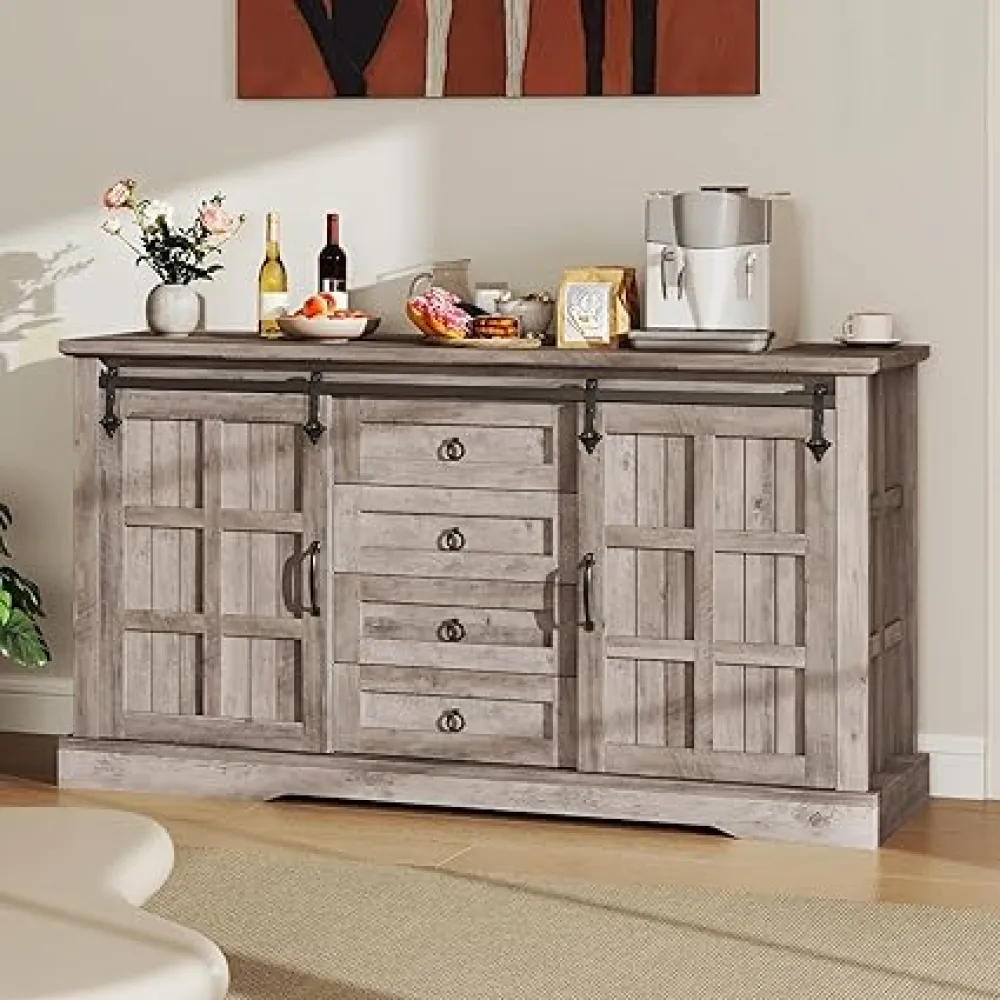 YITAHOME 59" Farmhouse Buffet Cabinet with Storage, Large Sideboard Cabinet w/Sliding Barn Doors and 4 Drawers for Living Room, Wash Grey