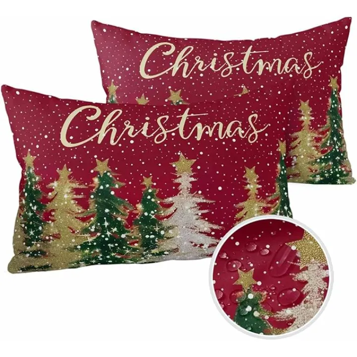 Outdoor Pillow Covers, Winter Merry Christmas Green Gold White Pine Tree Snow Hand Painted Red Throw Pillow Covers Decorative Outdoor Pillow Cushions for Patio Couch,Set of 2, 20x12 Inch